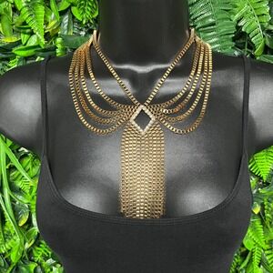 Gold Tone Multi Strand Box Chain Bib Statement Necklace Rhinestone Accent 3817